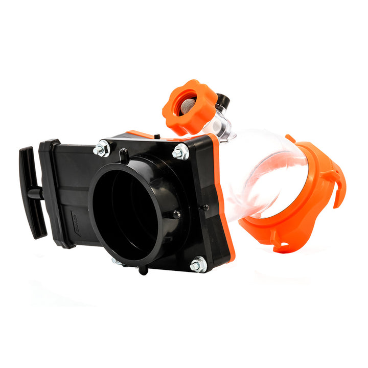 Camco Rhino Blaster Pro sanitation tool with gate valve for RV and marine waste management, black plastic construction.