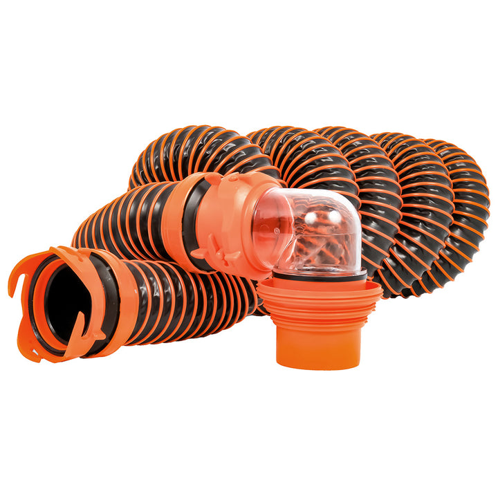Camco RhinoEXTREME 15 sewer hose kit with swivel fitting, 4-in-1 elbow caps, and sanitation connectors for RV waste management.