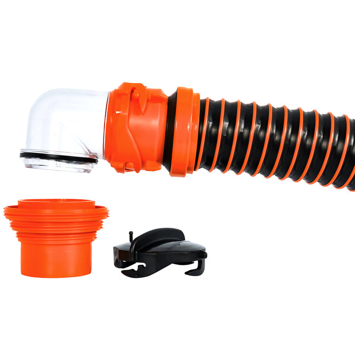 Camco RhinoEXTREME 15 sewer hose kit with swivel fitting, 4-in-1 elbow caps, and sanitation accessories for RV waste disposal.