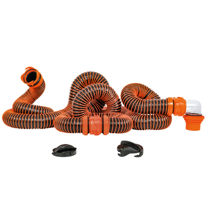 Camco RhinoEXTREME 20 sewer hose kit with 4-in-1 elbow caps for sanitation and RV waste disposal.