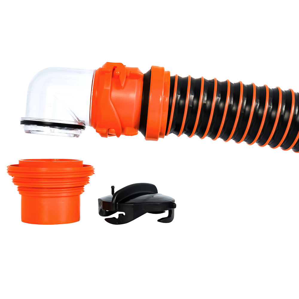 Camco RhinoEXTREME 20 sewer hose kit with 4-in-1 elbow caps for RV sanitation and waste water management.