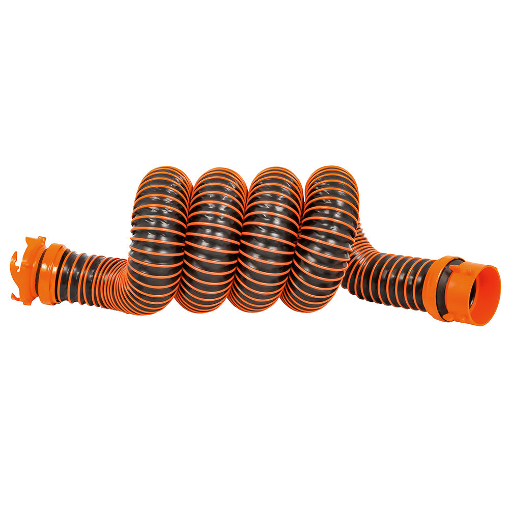 Camco RhinoEXTREME 5 sewer hose extension with swivel bayonet lug for sanitation, shown in durable rubber with hose connectors.