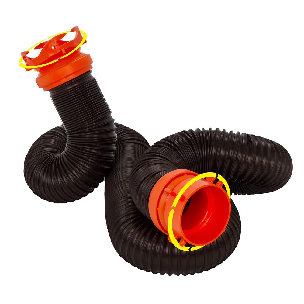 Camco RhinoFLEX 10 sewer hose extension with swivel bayonet lug for sanitation, shown attached to RV sewer connection.
