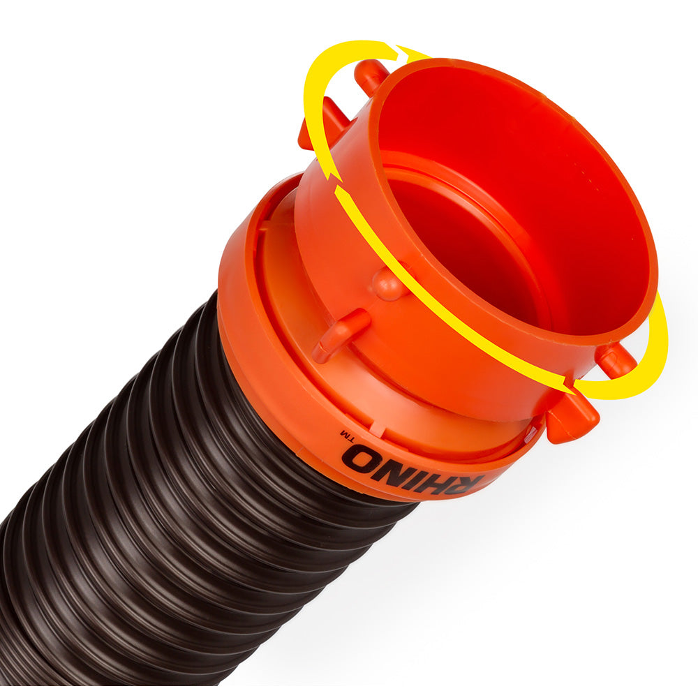 Camco RhinoFLEX 10 sewer hose extension with swivel bayonet lug for sanitation, showcasing flexible hose and secure connection fittings.