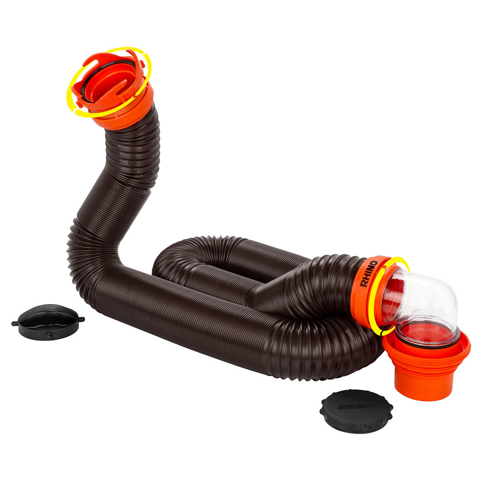 Camco RhinoFLEX 15 sewer hose kit with 4-in-1 elbow caps, sanitation accessory for RV waste disposal.