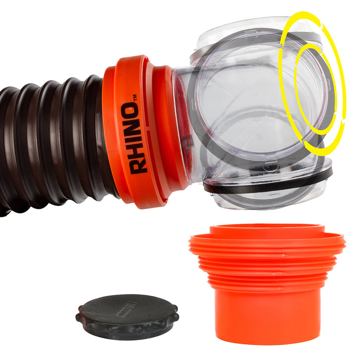 Camco RhinoFLEX 15 sewer hose kit with 4-in-1 elbow caps, sanitation equipment for RV or camper waste disposal.