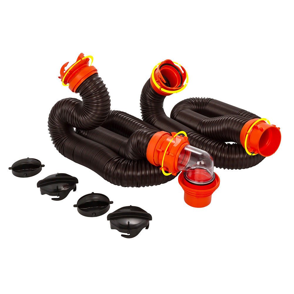 Camco RhinoFLEX 20 sewer hose kit with 4-in-1 elbow caps for RV sanitation and waste management.