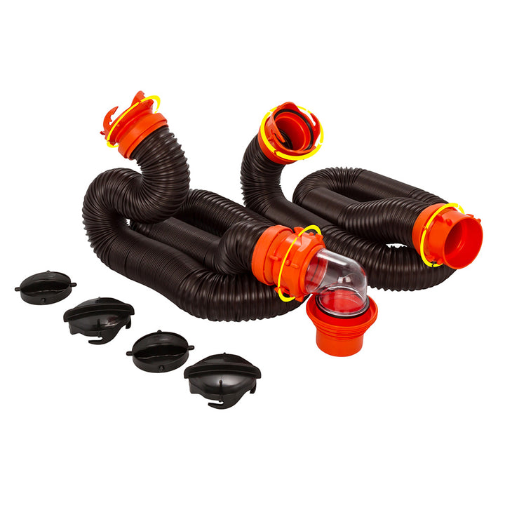 Camco RhinoFLEX 20 sewer hose kit with 4-in-1 elbow caps for RV sanitation and waste management.