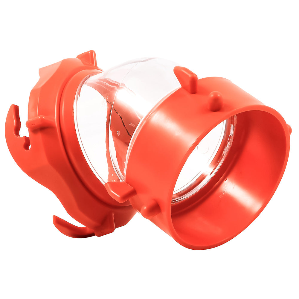 Camco RhinoFLEX 45-degree swivel fitting in clear for sanitation, showcasing the flexible connection and durable plastic construction.