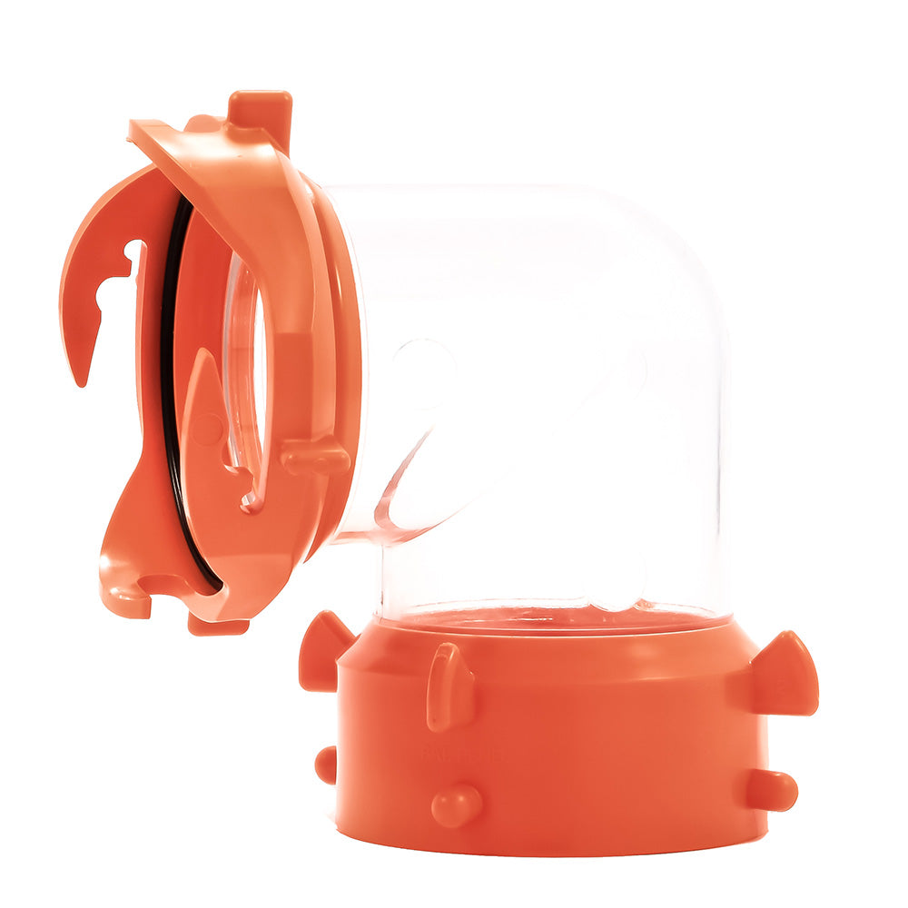 Camco RhinoFLEX 90-degree swivel fitting for sanitation, clear plastic with hose connection, designed for RV waste systems.