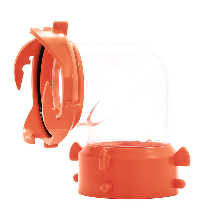 Camco RhinoFLEX 90-degree swivel fitting for sanitation, clear plastic with hose connection, designed for RV waste systems.