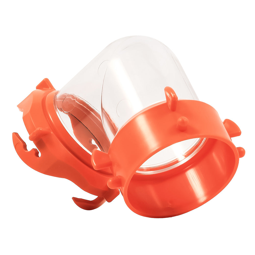 Camco RhinoFLEX 90-degree swivel fitting for sanitation, clear plastic, used for RV or camper sewer hose connections.