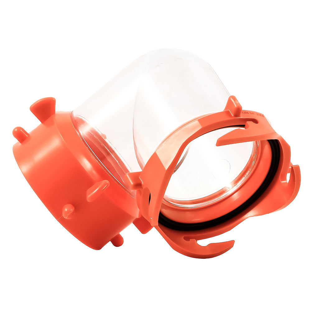 Clear Camco RhinoFLEX 90-degree swivel fitting for sanitation hoses, featuring durable plastic construction.