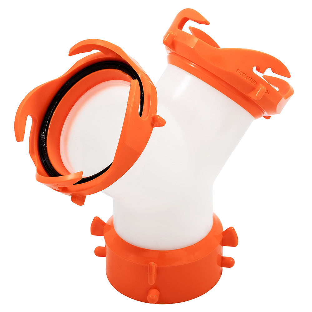 Camco RhinoFLEX Wye sanitation fitting for RV sewage hoses, made of durable plastic for easy connection and waste management.