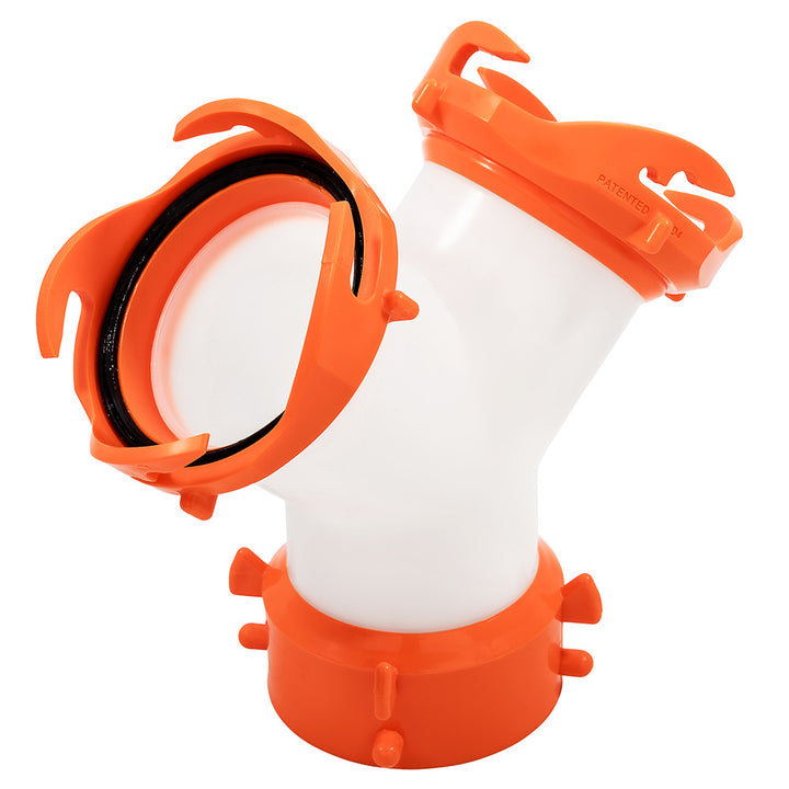 Camco RhinoFLEX Wye sanitation fitting for RV sewage hoses, made of durable plastic for easy connection and waste management.