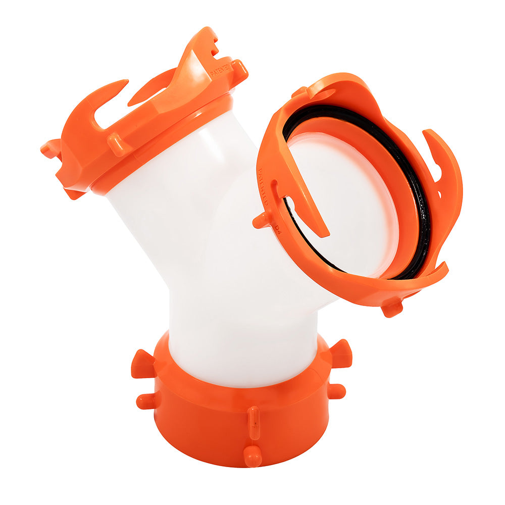 Camco RhinoFLEX Wye sanitation hose connector for RV sewage systems, flexible and durable for easy waste management.