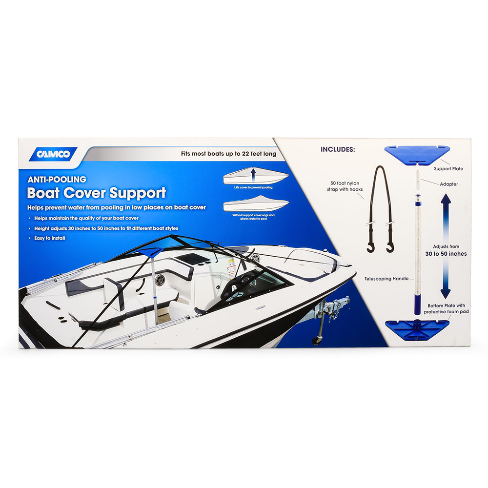 Camco adjustable boat cover support kit for winter covers, featuring adjustable poles and secure fittings for boat protection.