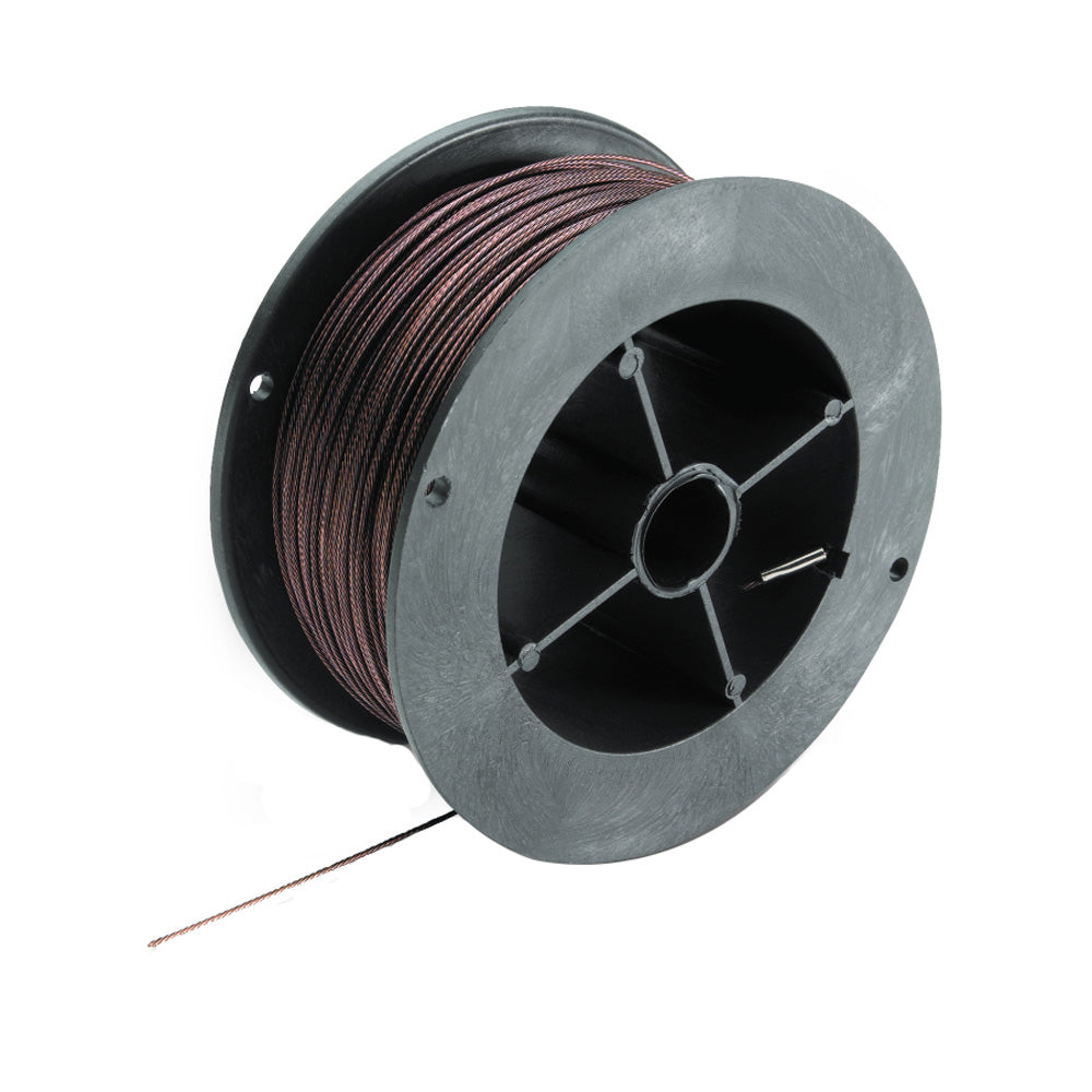 Cannon 400-foot downrigger cable for fishing boat downrigger accessories, coiled with metal hardware visible