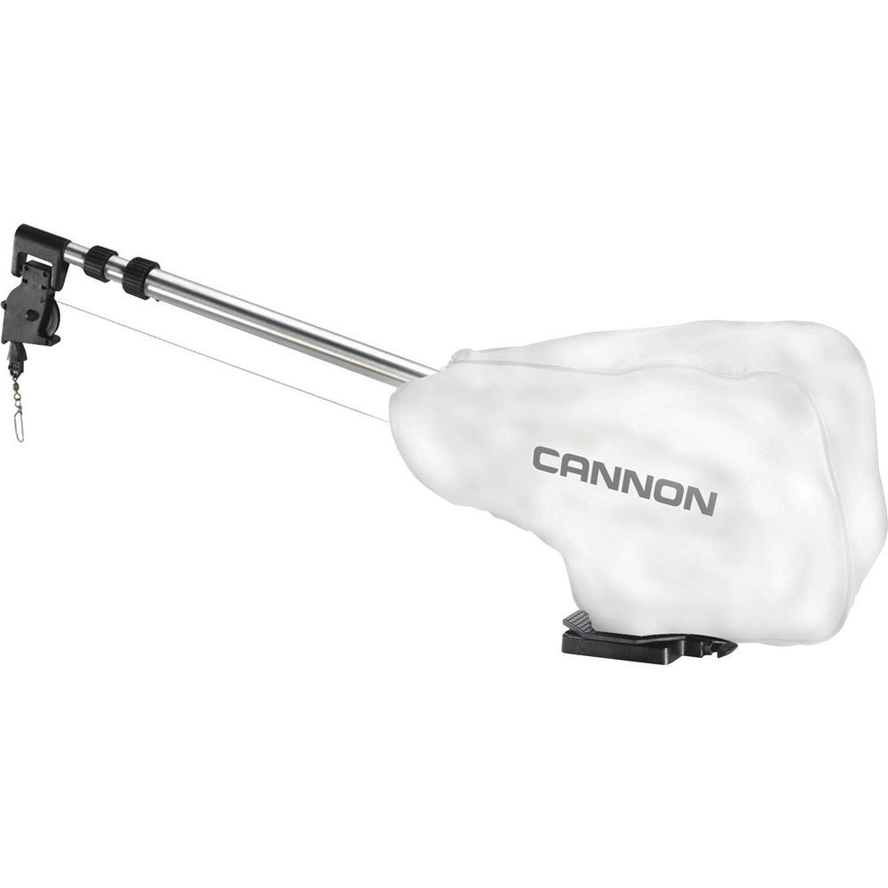 White Cannon downrigger cover, a protective accessory for Cannon downriggers, shown on a fishing boat.