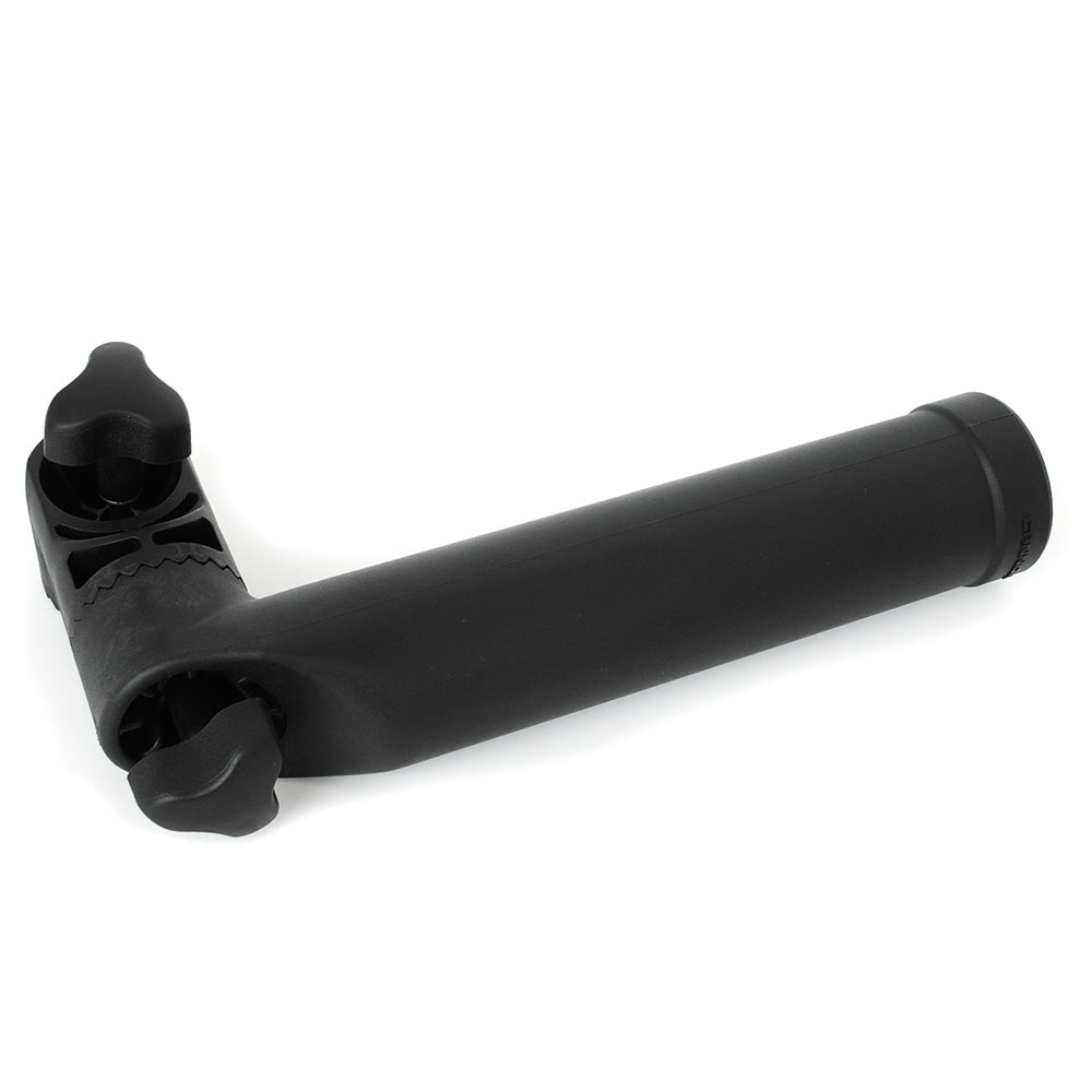 Cannon rear mount rod holder for downriggers, black plastic with mounting bracket, designed for fishing rod security.