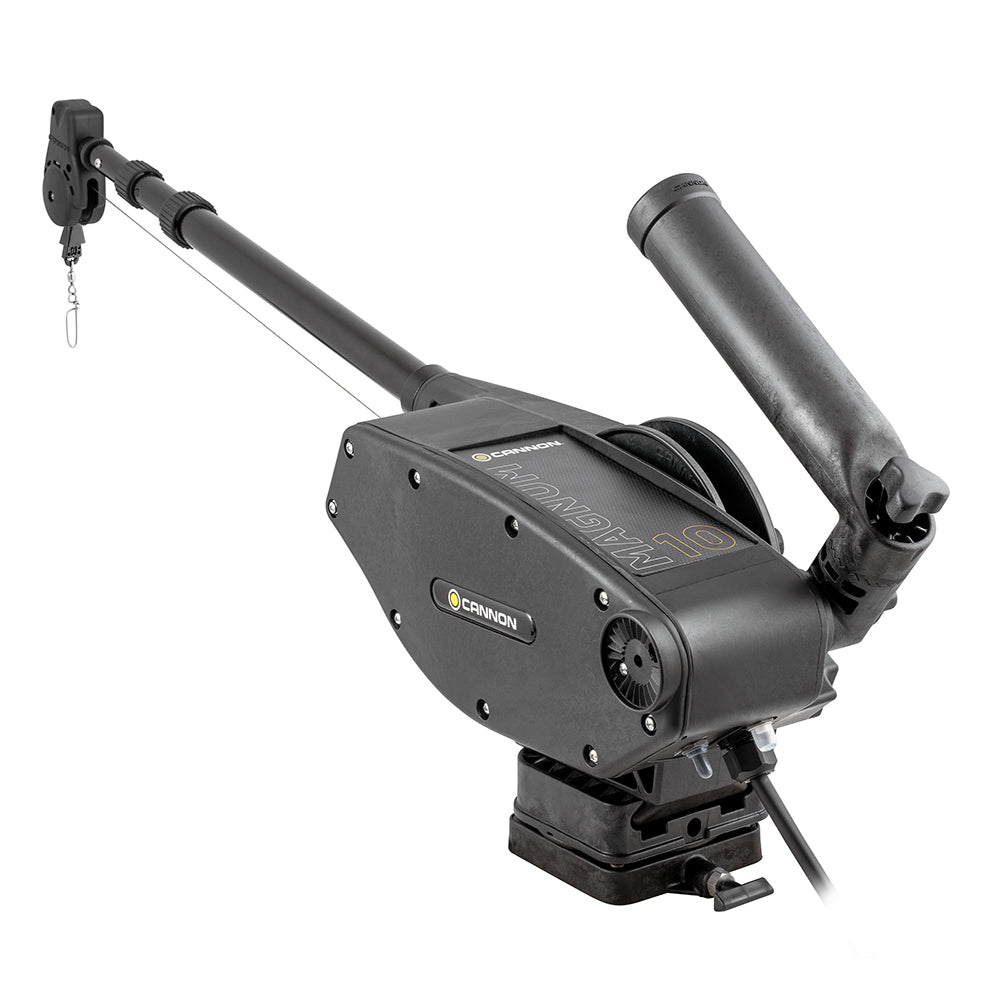 Cannon Magnum 10 Electric Downrigger with adjustable boom and control handle for fishing boat trolling.