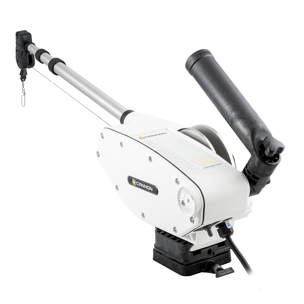 Cannon Magnum 10 TS electric downrigger for fishing, featuring a sturdy mount and precision trolling capabilities.