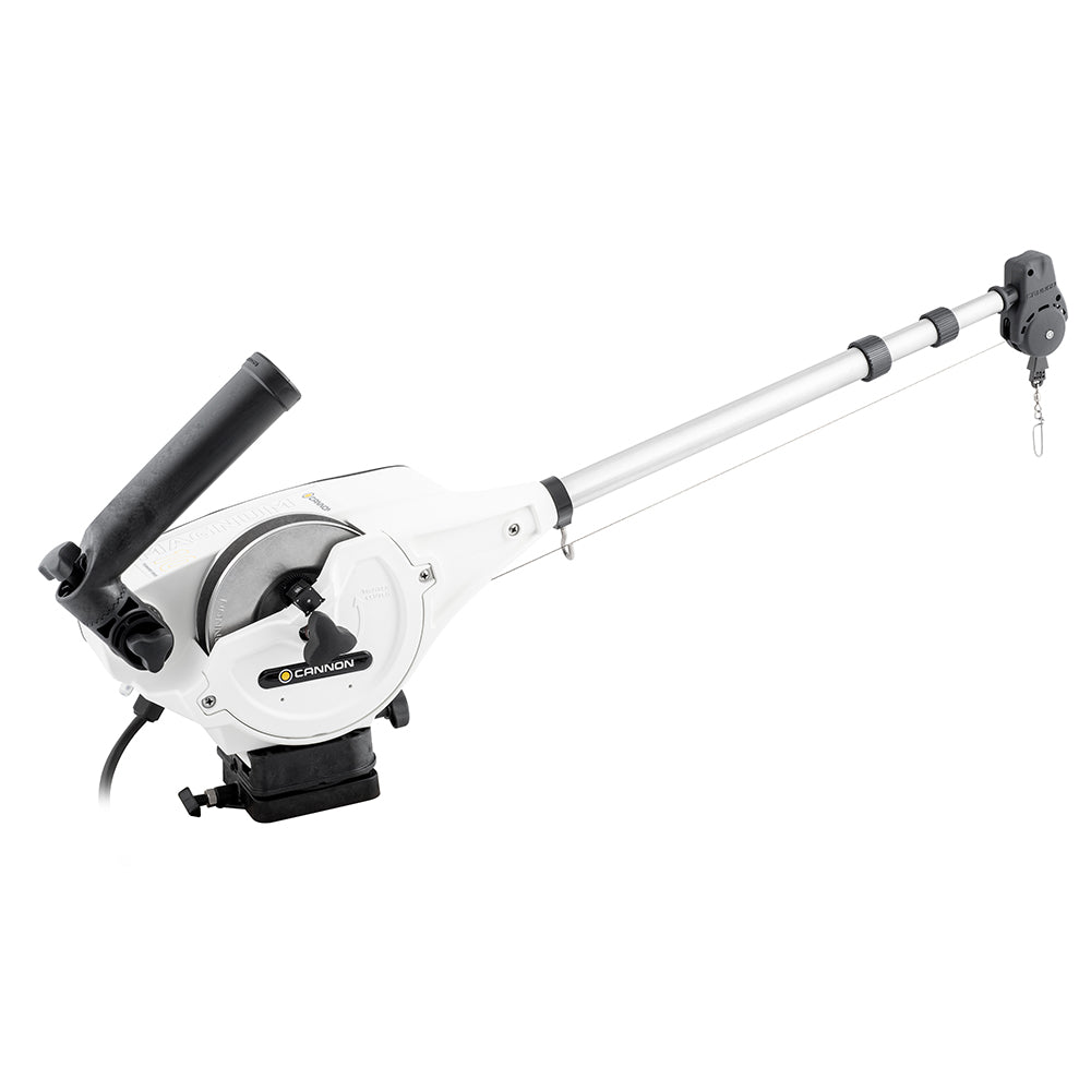 Cannon Magnum 10 TS electric downrigger mounted on a boat for deep-water fishing, featuring a sleek design and control arm.