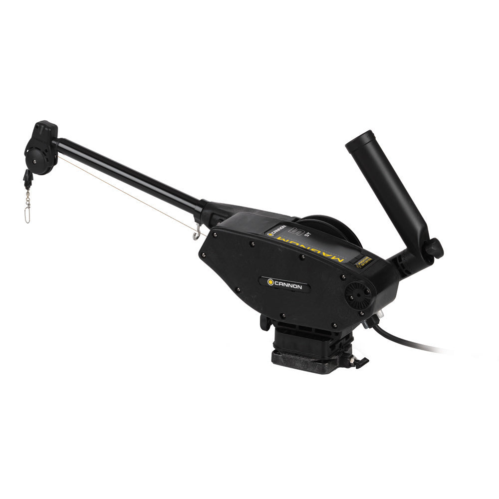 Cannon Magnum 5 Electric Downrigger mounted on boat with fishing line and weight for trolling and deep water fishing.
