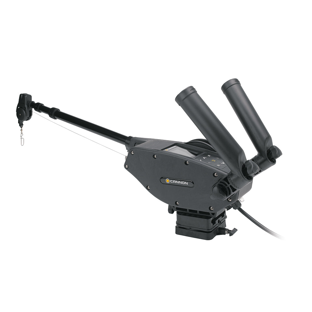 Cannon Optimum 10 BT electric downrigger with trolling gear, featuring adjustable arm and control unit for fishing boats.