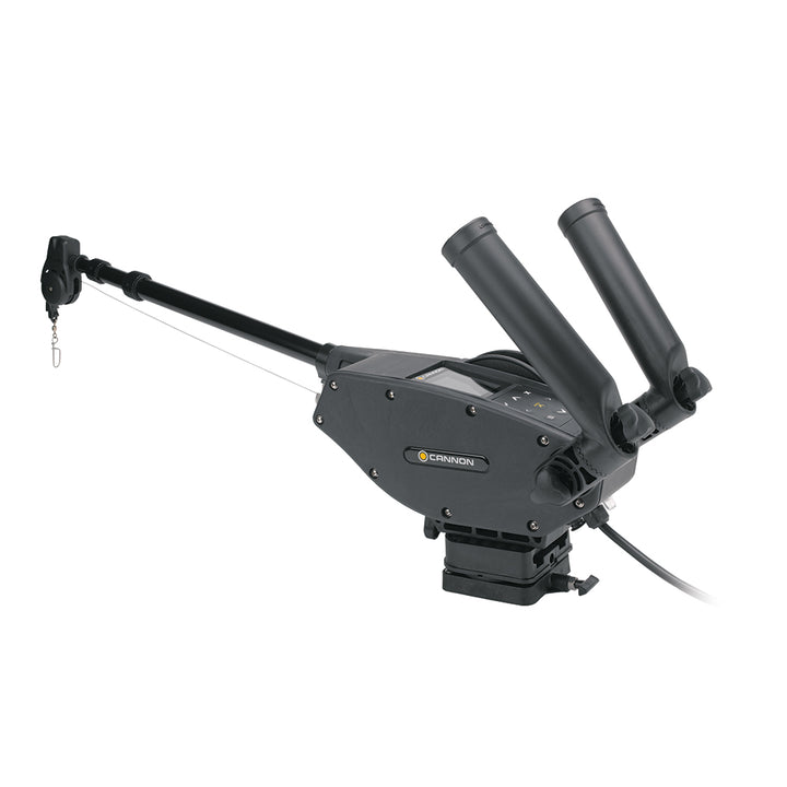 Cannon Optimum 10 BT electric downrigger with trolling gear, featuring adjustable arm and control unit for fishing boats.