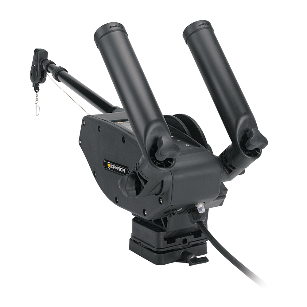 Cannon Optimum 10 BT electric downrigger with adjustable arm and control handle for fishing boat trolling.