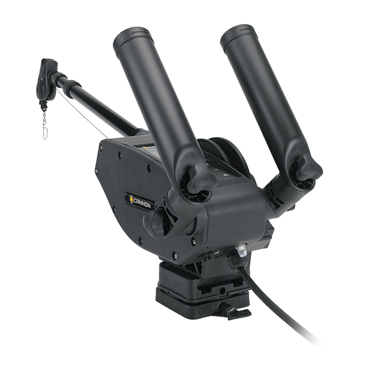Cannon Optimum 10 BT electric downrigger with adjustable arm and control handle for fishing boat trolling.