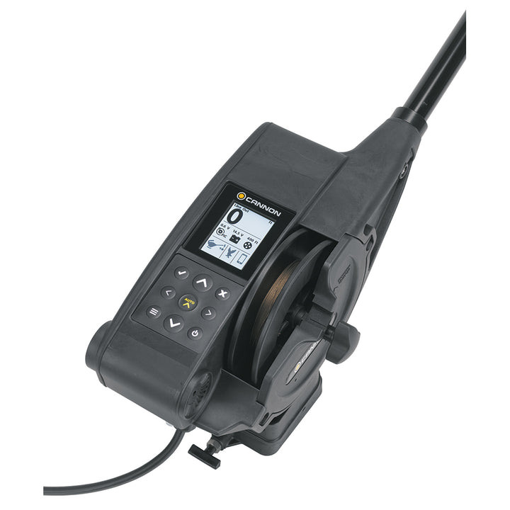 Cannon Optimum 10 BT electric downrigger mounted on a fishing boat with a fishing line and weight in the water