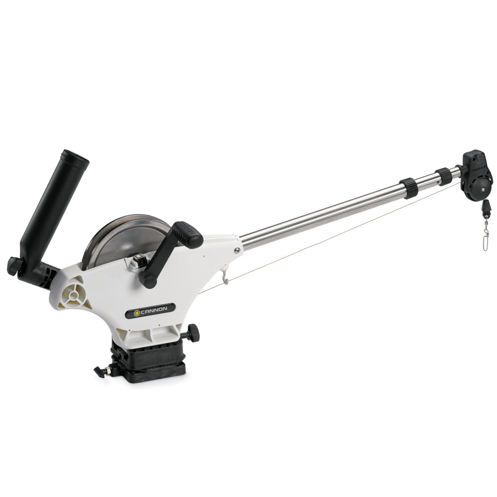 Cannon Uni-Troll 10 STX-TS manual downrigger for fishing, showing the black and silver equipment with mounting arm and control handle.