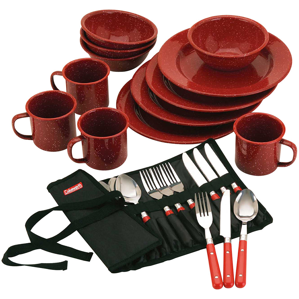 Coleman 24-piece speckled red enamelware cookware set with pots, pans, and utensils for camping and outdoor cooking.