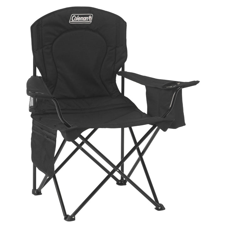 Black Coleman camping cooler quad chair with armrests and cup holder, ideal for outdoor relaxation and camping trips.