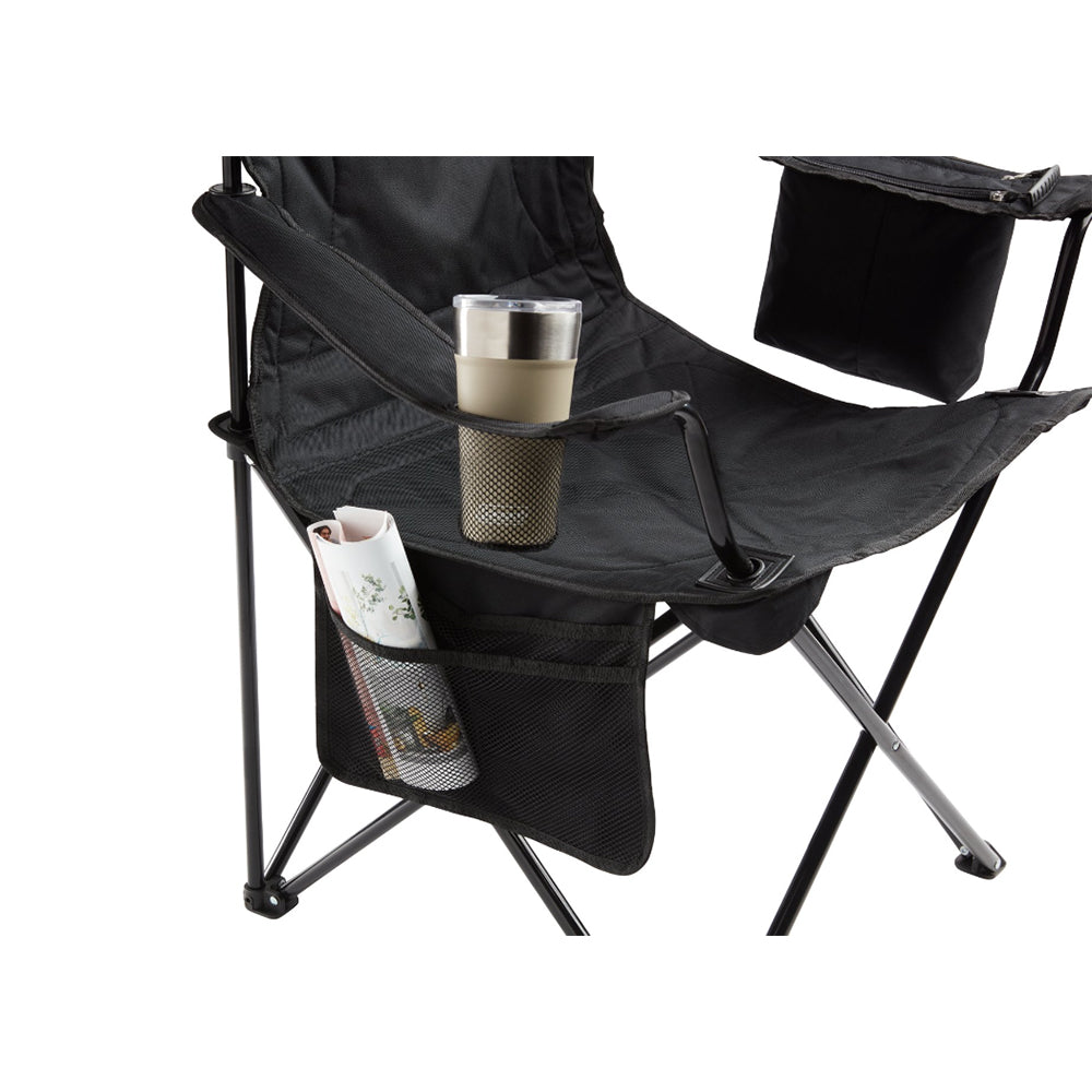 Black Coleman camping Cooler Quad Chair with armrests and built-in cup holder, designed for outdoor comfort and portable seating.