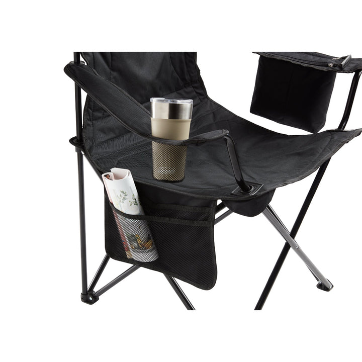 Black Coleman camping Cooler Quad Chair with armrests and built-in cup holder, designed for outdoor comfort and portable seating.