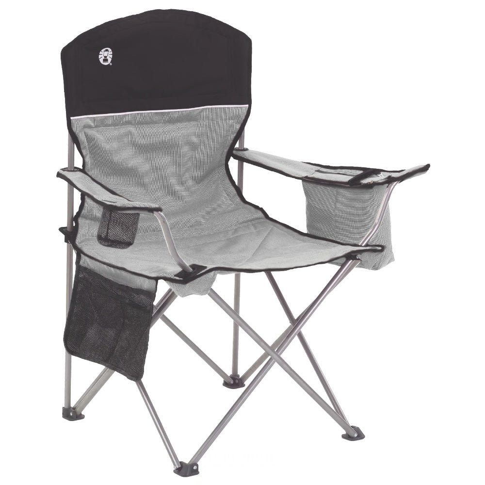 Coleman camping quad chair in grey and black, lightweight foldable outdoor chair with armrests and cup holder for camping trips.