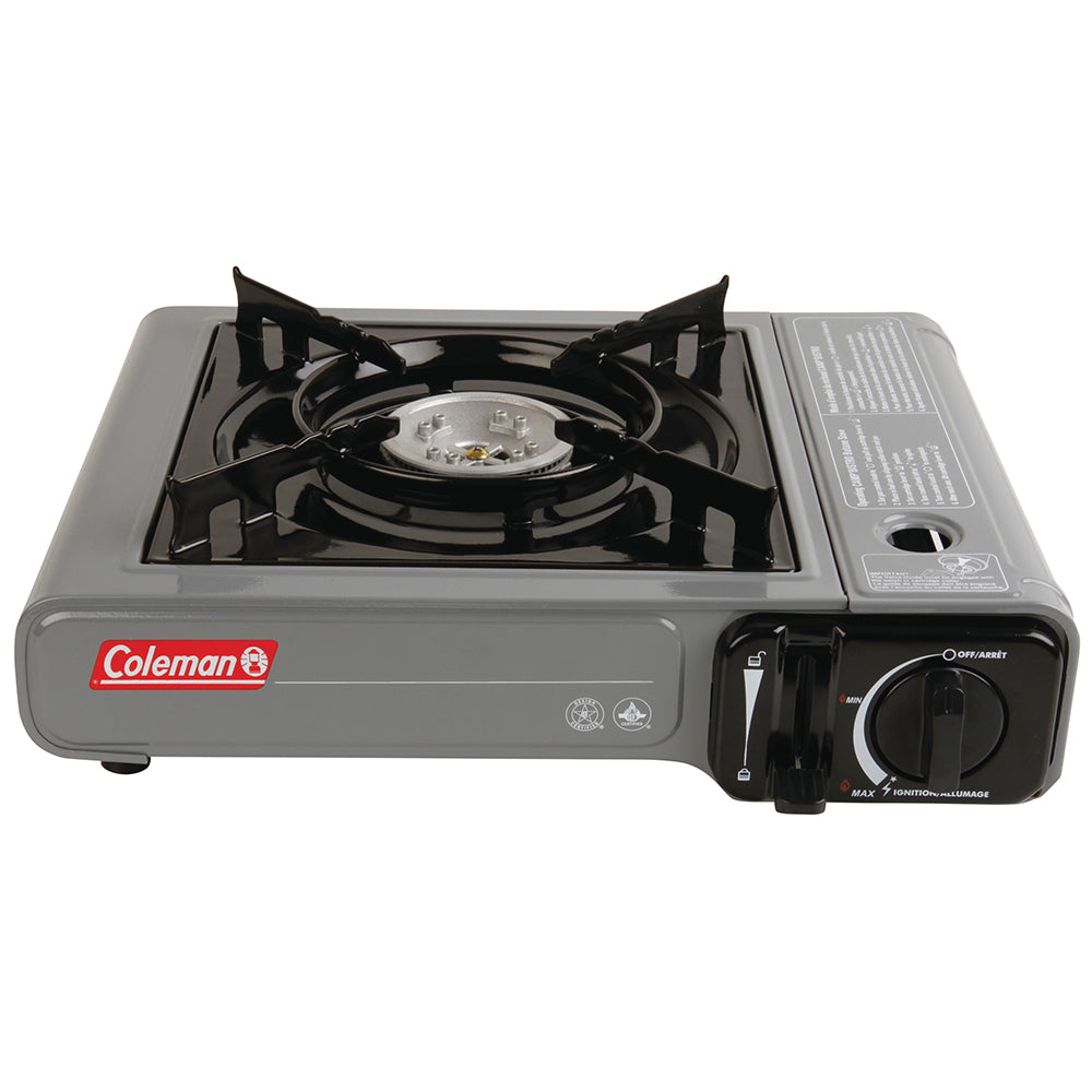 Coleman grey table top 1-burner butane camping stove for outdoor cooking, compact and portable camping gear.