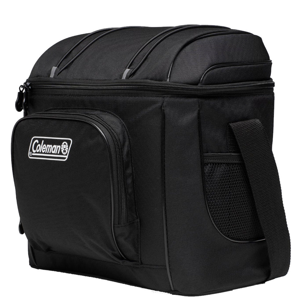 Coleman Chiller 16-Can Soft-Sided Portable Cooler in black, insulated cooler bag with zipper and carrying handle.