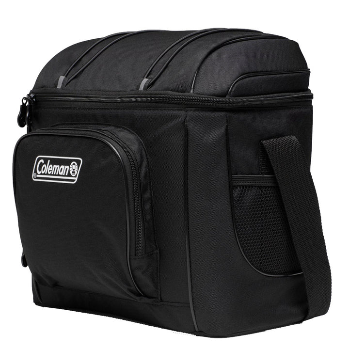 Coleman Chiller 16-Can Soft-Sided Portable Cooler in black, insulated cooler bag with zipper and carrying handle.