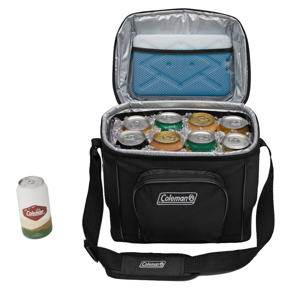 Black Coleman Chiller 16-Can Soft-Sided Portable Cooler with adjustable shoulder strap and zippered main compartment.