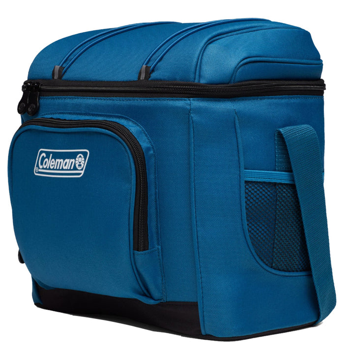 Coleman Chiller 16-Can Soft-Sided Portable Cooler in Deep Ocean blue with zipper closure and carrying handle.