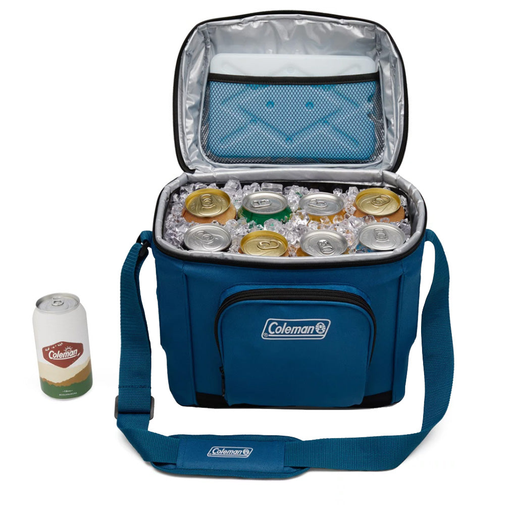 Coleman Chiller 16-Can Soft-Sided Portable Cooler in Deep Ocean color showing insulated interior and zipper closure