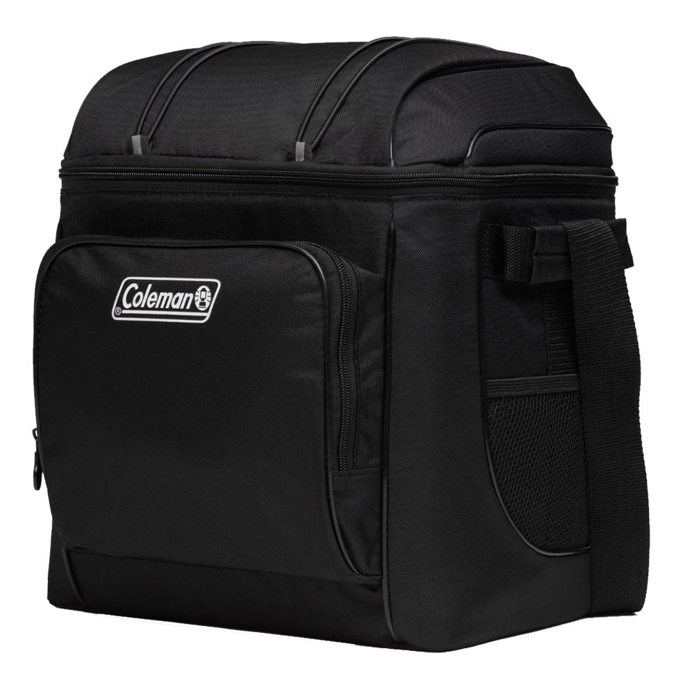 Black Coleman Chiller 30-Can Soft-Sided Portable Cooler with insulated design and carrying handle for easy transport.