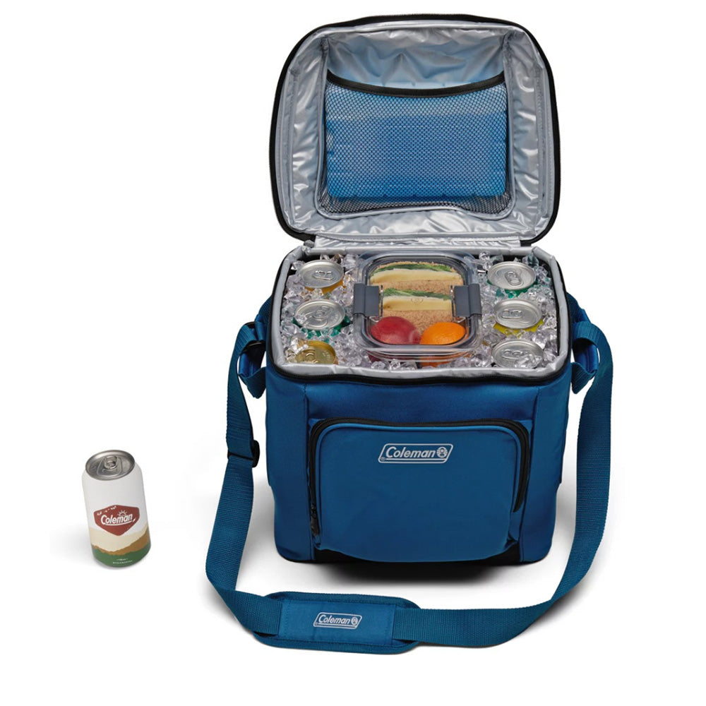 Coleman Chiller 30-Can Soft-Sided Portable Cooler in Deep Ocean, insulated cooler for beverages and snacks.