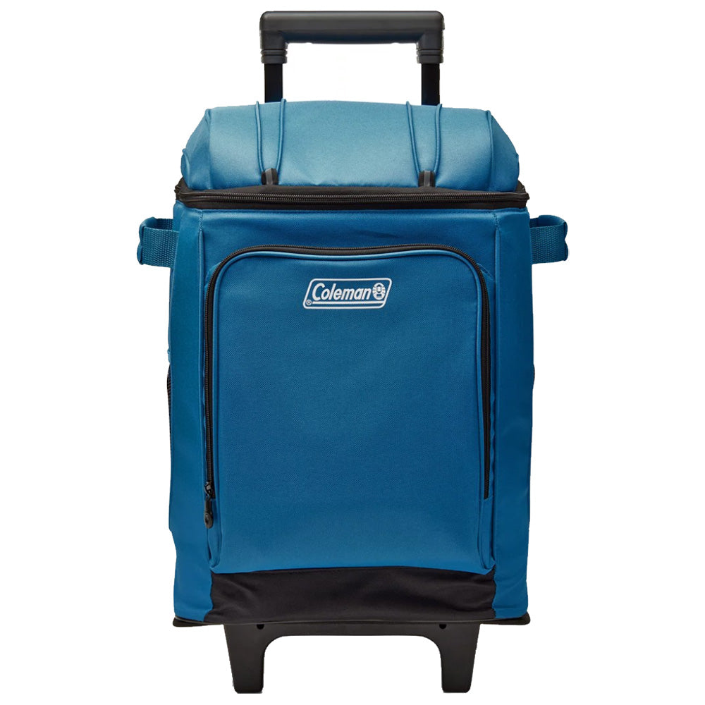 Coleman CHILLER 42-can soft-sided portable cooler with wheels in deep ocean blue for keeping drinks cold on the go.