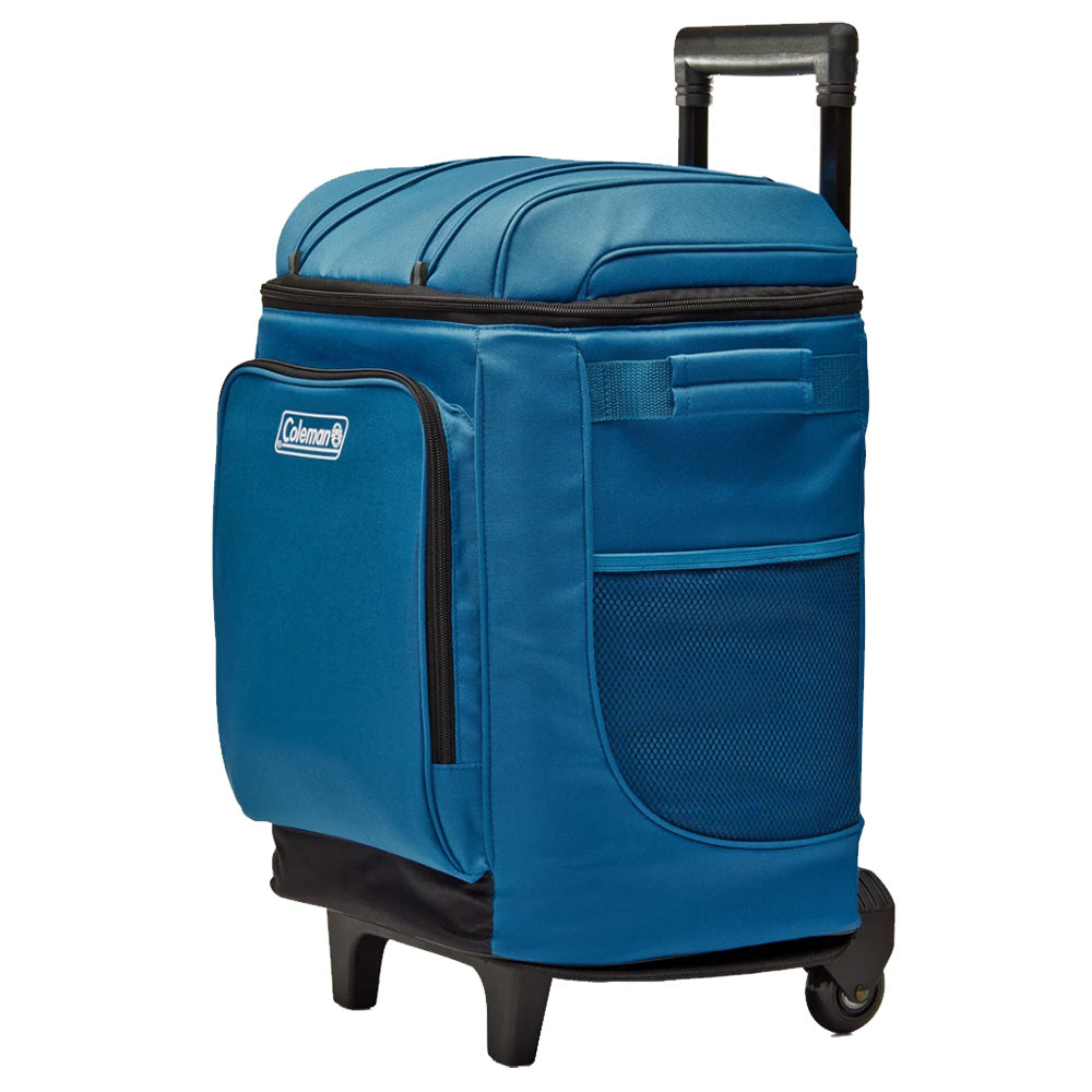Coleman CHILLER 42-Can Soft-Sided Portable Cooler with wheels in Deep Ocean color, designed for keeping drinks cold on the go.