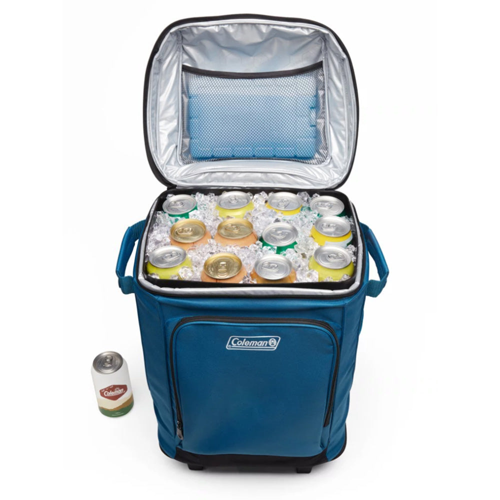 Coleman Chiller 42-Can Soft-Sided Cooler in Deep Ocean with wheels, portable cooler for outdoor activities and picnics.